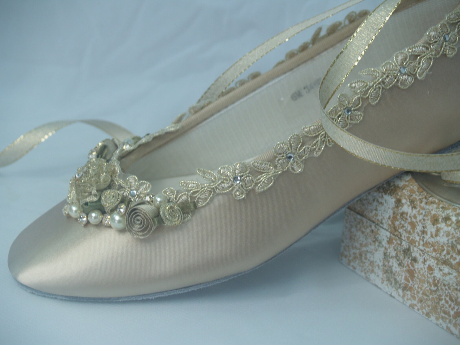 wedding size 6 flats champagne gold hand dyed, gold rosette flowers ready to ship, pearls & crystals, lace up ballet style slipp