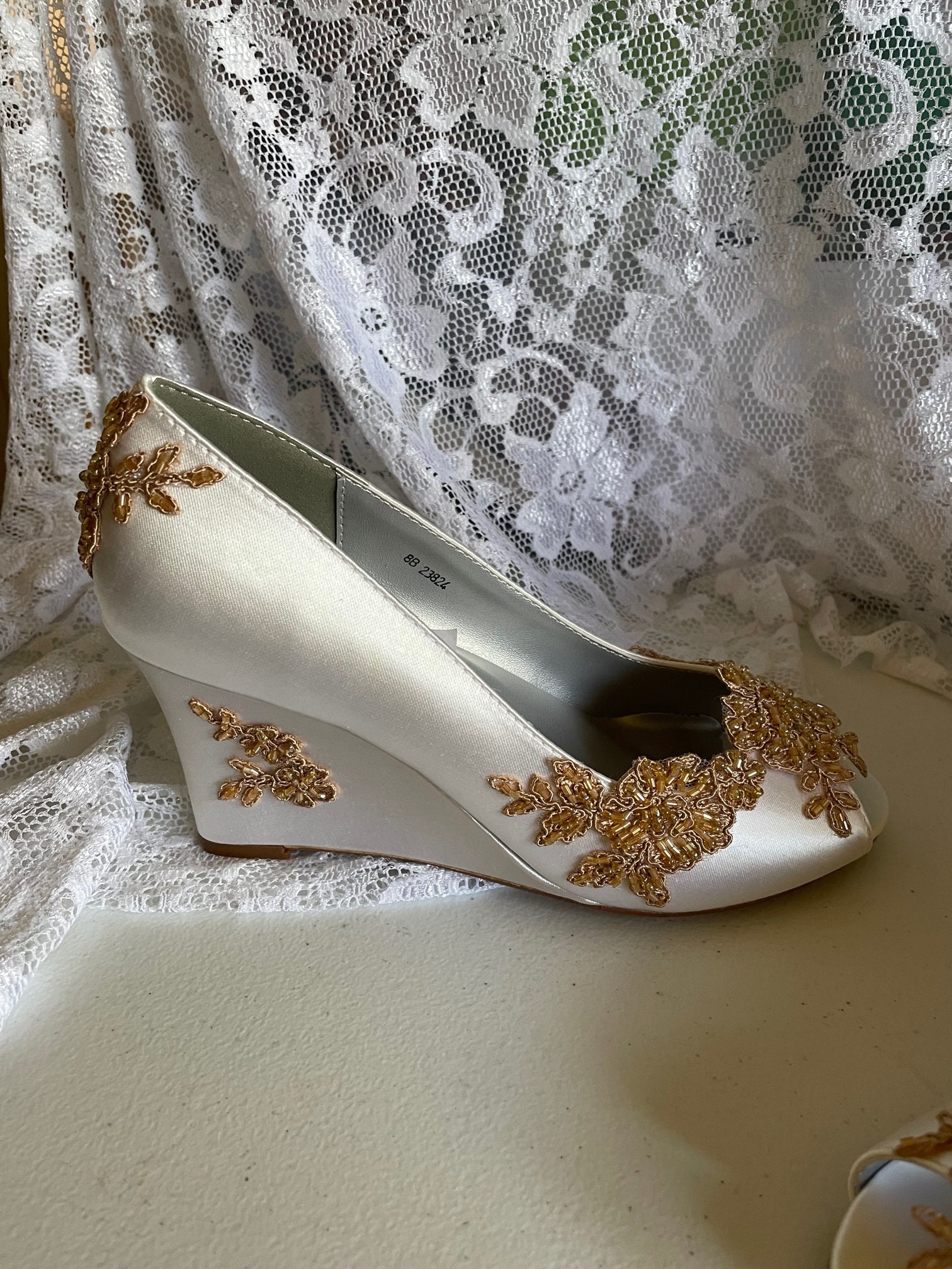 Su.cheny 2" Wedge Lace Pearls White Light Ivory Wedding Bridal Shoes Size 5-10.5 - Foto 5