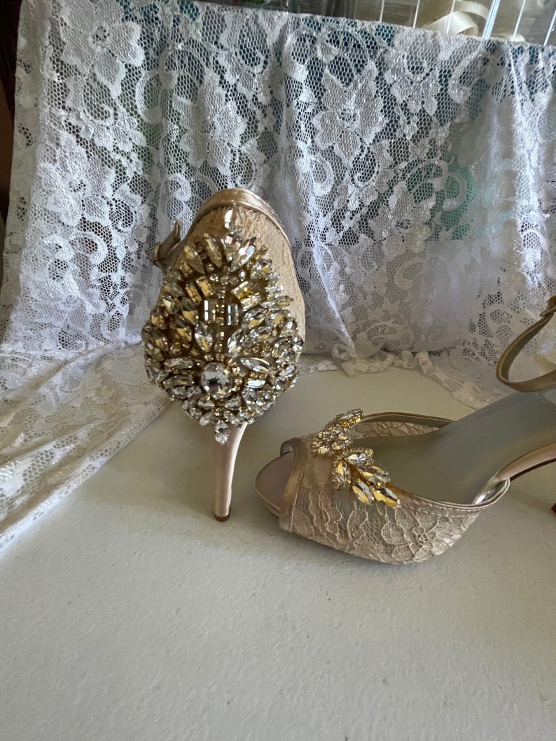 US Size 9.5 Gold Bling Heels Lace Wedding Champagne Shoes, Bling Heels