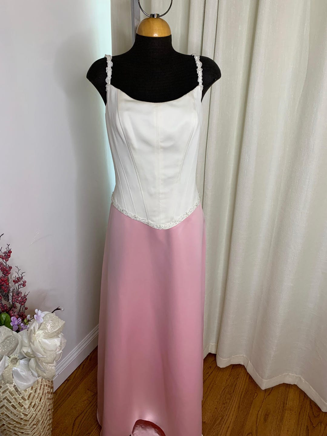 Ivory Basque Vintage Ivory & Pink Satin Corset Gown: Beaded Basque Waist, Size 12 - Etsy