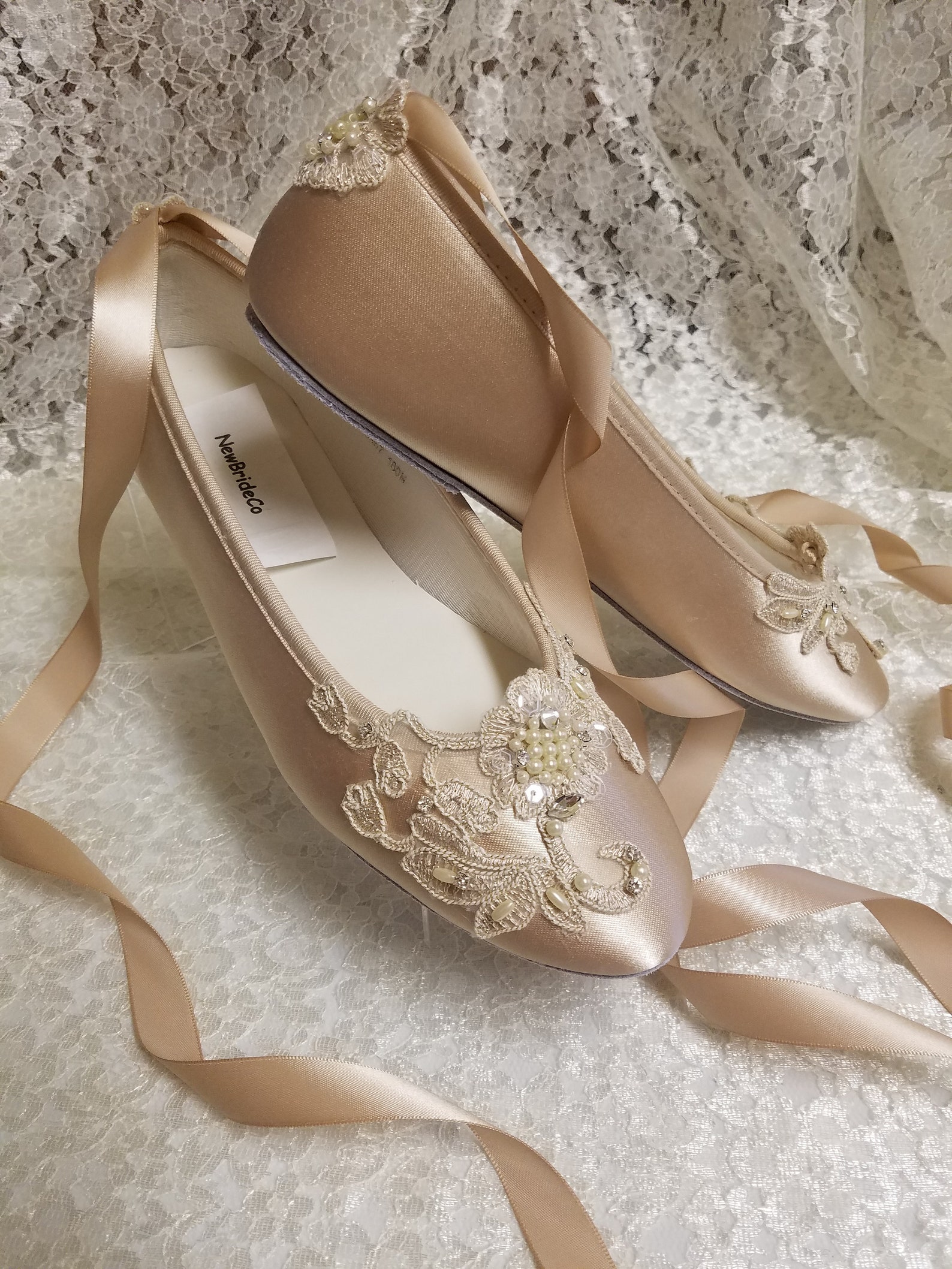 gold champagne shoes ballerina style satin lace appliqué crystals pearls, lace up ribbon ballet style slipper, comfortable weddi gold champagne shoes ballerina style satin lace appliqué crystals pearls, lace up ribbon ballet style slipper, comfortable weddi