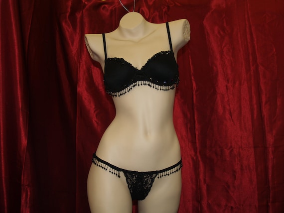 Brides Black Lingerie With Black Dangling Beads, Hand Made G-string and  Hand Embellished Matching Bra, Panties Set 