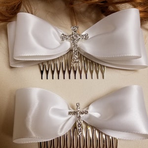 Satin Bow Crystals Cross for Girls First Communion, Hair comb instead of Veil, Hair bow, Cross,Hair Bow with Bling Cross
