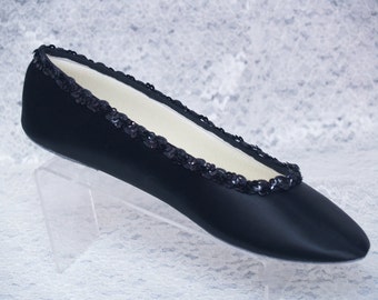 Wedding Black Satin Flat Shoes Ballet Style Slipper w Sequins Trim, Goth Wedding Shoes,black flats, bridesmaids, Special Occasion, Comfort