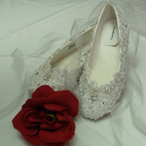 Size 5 1/2 Wedding Ballet Stye Slipper Ready to ship Regally enhanced w/ lace Swarovski Crystals & Pearls,Victorian,Great Gatsby Style,Flats