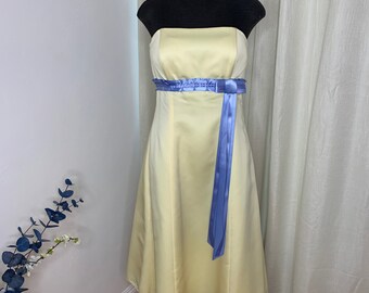 Butter Yellow and Sky Blue Satin Ribbon Short Formal dress size 8 by vintage Forever Yours, Yellow Strapless Bridesmaids, Matching Bag