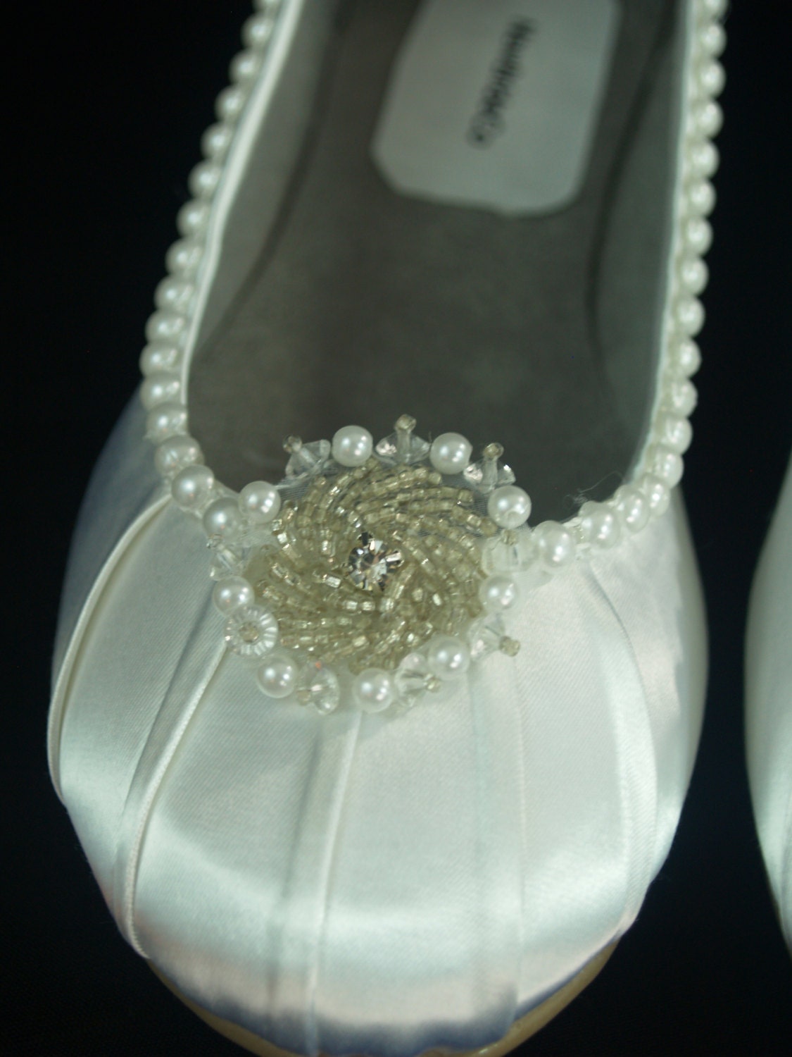 Wedding WHITE Flats Satin Shoes adornment pearls silver beads | Etsy