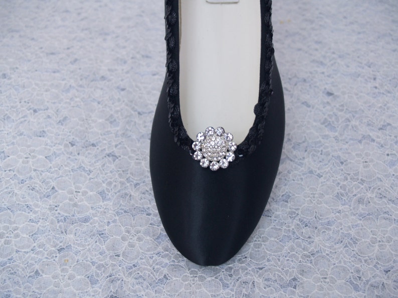 Black Wedding Shoes Dressy Flats Satin with brooch Prom | Etsy