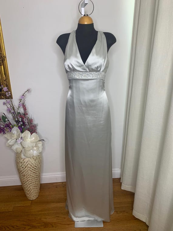 Vintage Silver Charmeuse Halter Gown: Beaded A-Line Formal Dress, Size 6