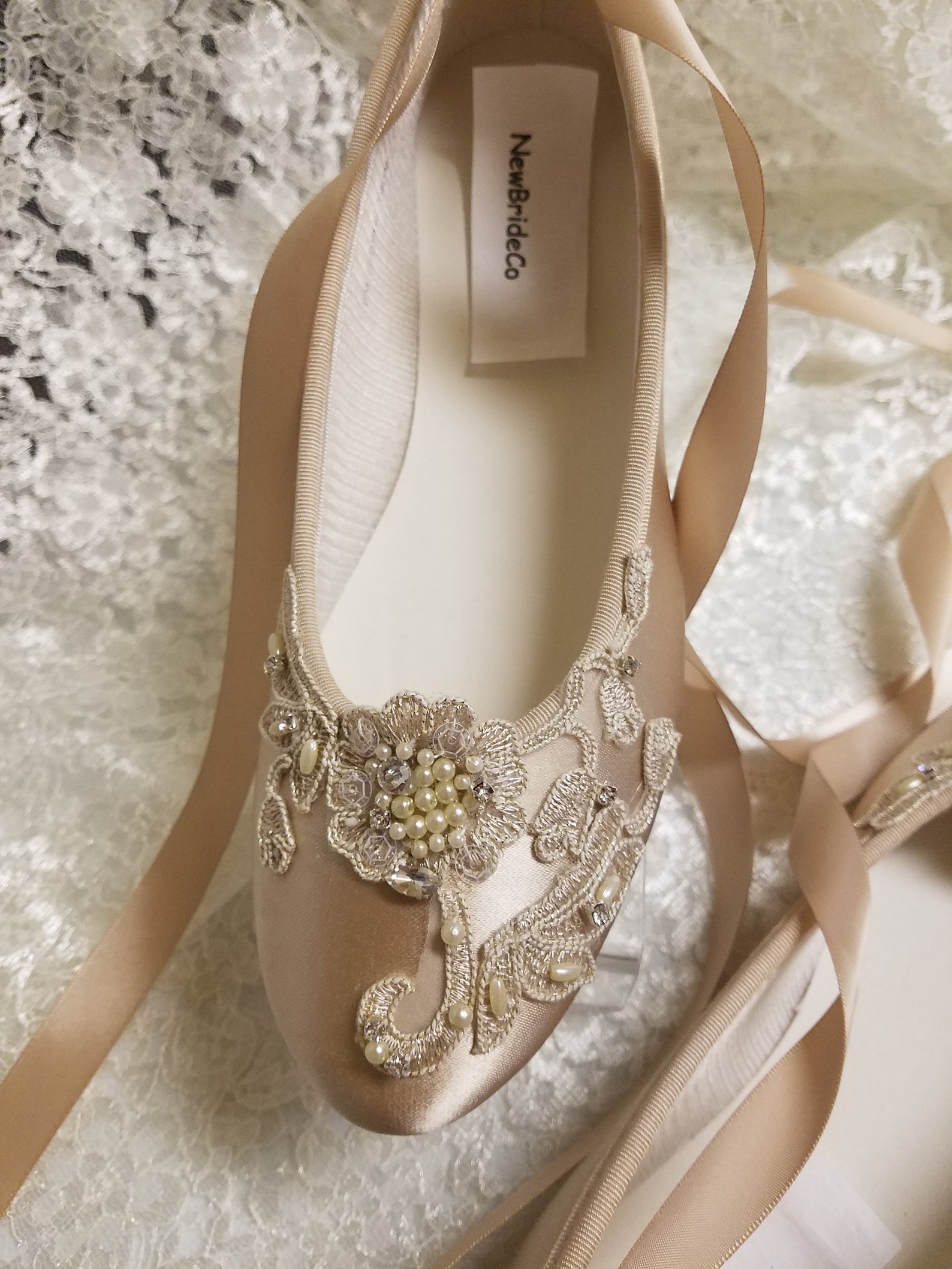 gold champagne shoes ballerina style satin lace appliqué crystals pearls, lace up ribbon ballet style slipper, comfortable weddi gold champagne shoes ballerina style satin lace appliqué crystals pearls, lace up ribbon ballet style slipper, comfortable weddi