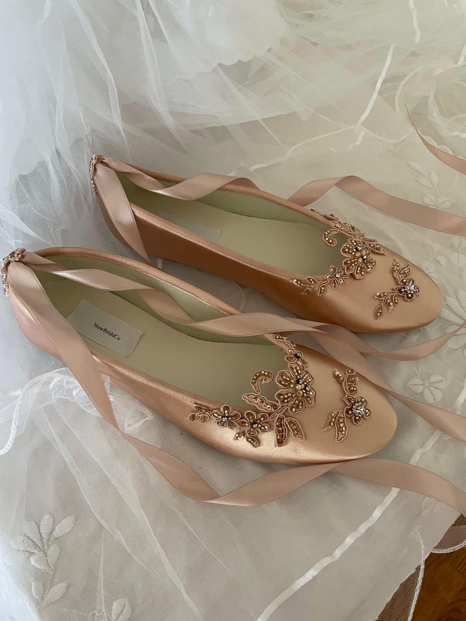 Size 9.5 & 8 Rose Gold Beaded Bridal Ballet Flats With Ribbon