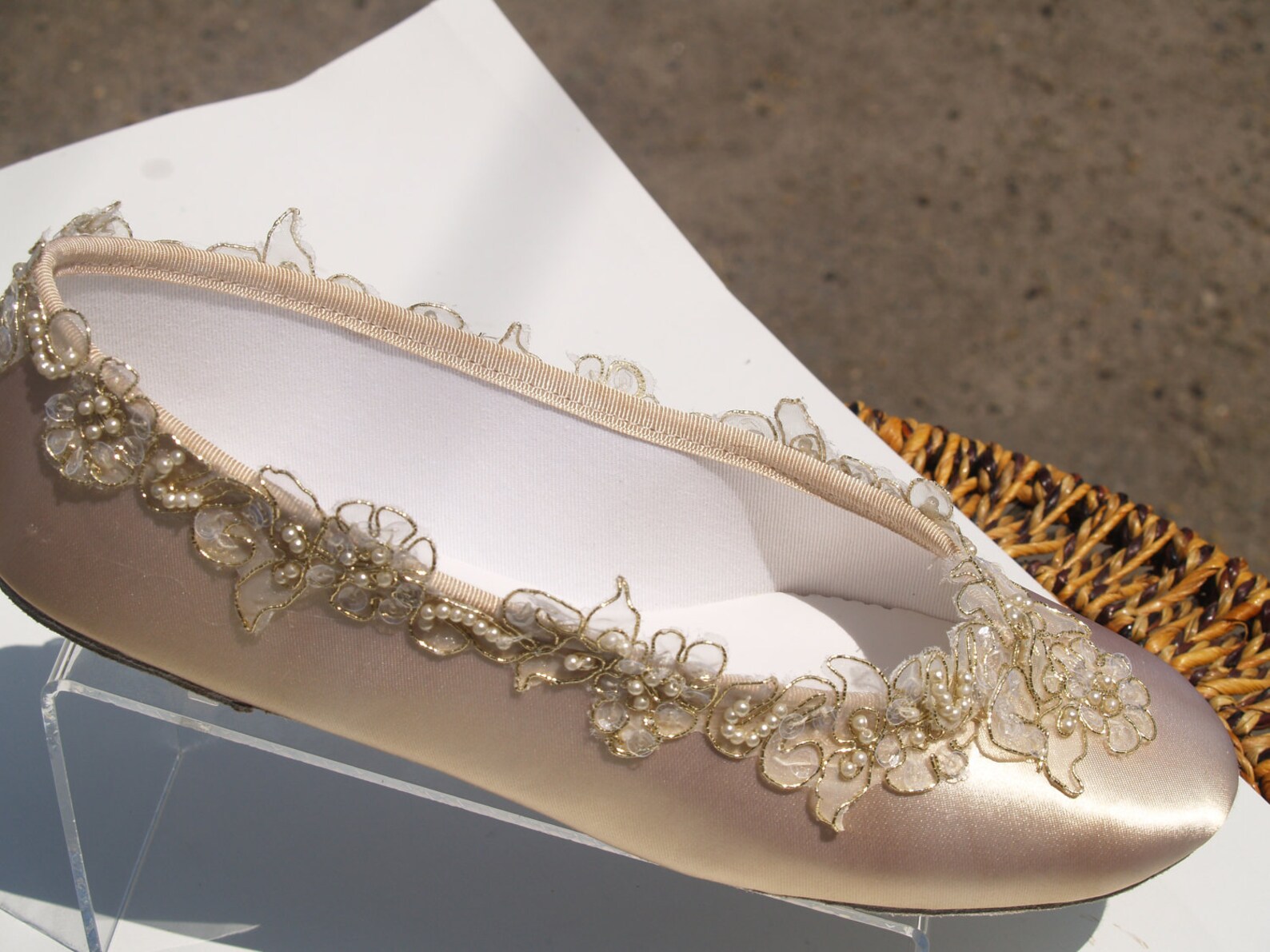 size 9 & 10 champagne wedding flats bridal shoe elegant gold trimmed,bridal flat shoes,satin ballet style slipper,romantic,ready size 9 & 10 champagne wedding flats bridal shoe elegant gold trimmed,bridal flat shoes,satin ballet style slipper,romantic,ready