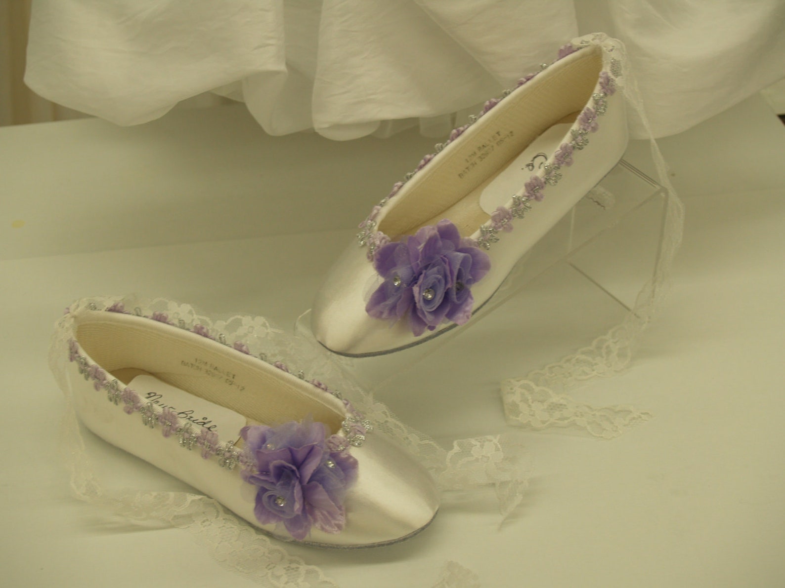 size 12 flower girls ballet style slippers white w purple flower w silver accents ready to ship,lace up ribbon ballet slipper,be