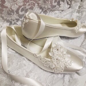 Bride Off White Wedding Flats,Off-white Satin Shoes,Lace Applique with Pearls,Lace Up Ribbon Ballet Style Slipper, Comfortable Wedding Shoes image 5