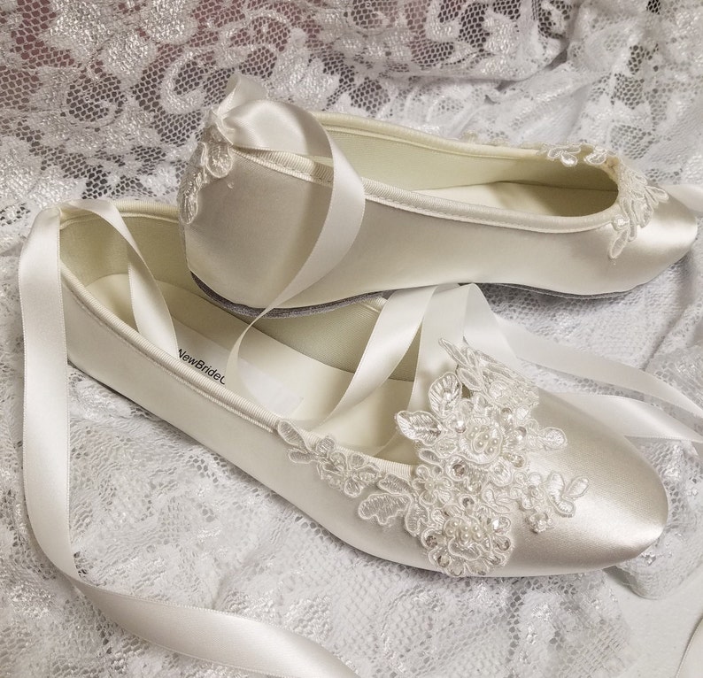 Bride Off White Wedding Flats,Off-white Satin Shoes,Lace Applique with Pearls,Lace Up Ribbon Ballet Style Slipper, Comfortable Wedding Shoes image 5