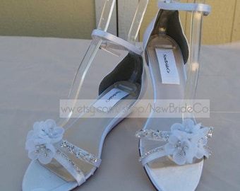 Bling Wedding Shoes low Wedge 1" heel crystals, Short Heel,Prom Shoes,Open toes low heel, Deco Champagne Ivory Off-white Satin Sandal,