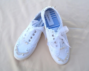 Size 8 White Wedding embellished Sneakers,White Canvas flat Bridal Shoe, Boho Wedding Shoes, Tennis Shoes, Bridal Sneakers, Ready to Ship