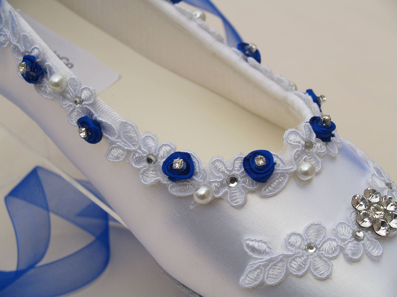 wedding royal blue flats white shoes venice lace edging with flowers crystals, romantic ballet style slipper, lace with pearls a