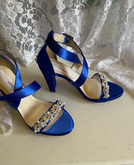Royal Blue Shoes Size 6.5 Bridal Thick Heels Trimmed With Lots - Etsy