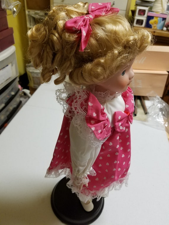 PORCELAIN Doll Vintage 90's With Pink Polka Dot Dress, Blonde