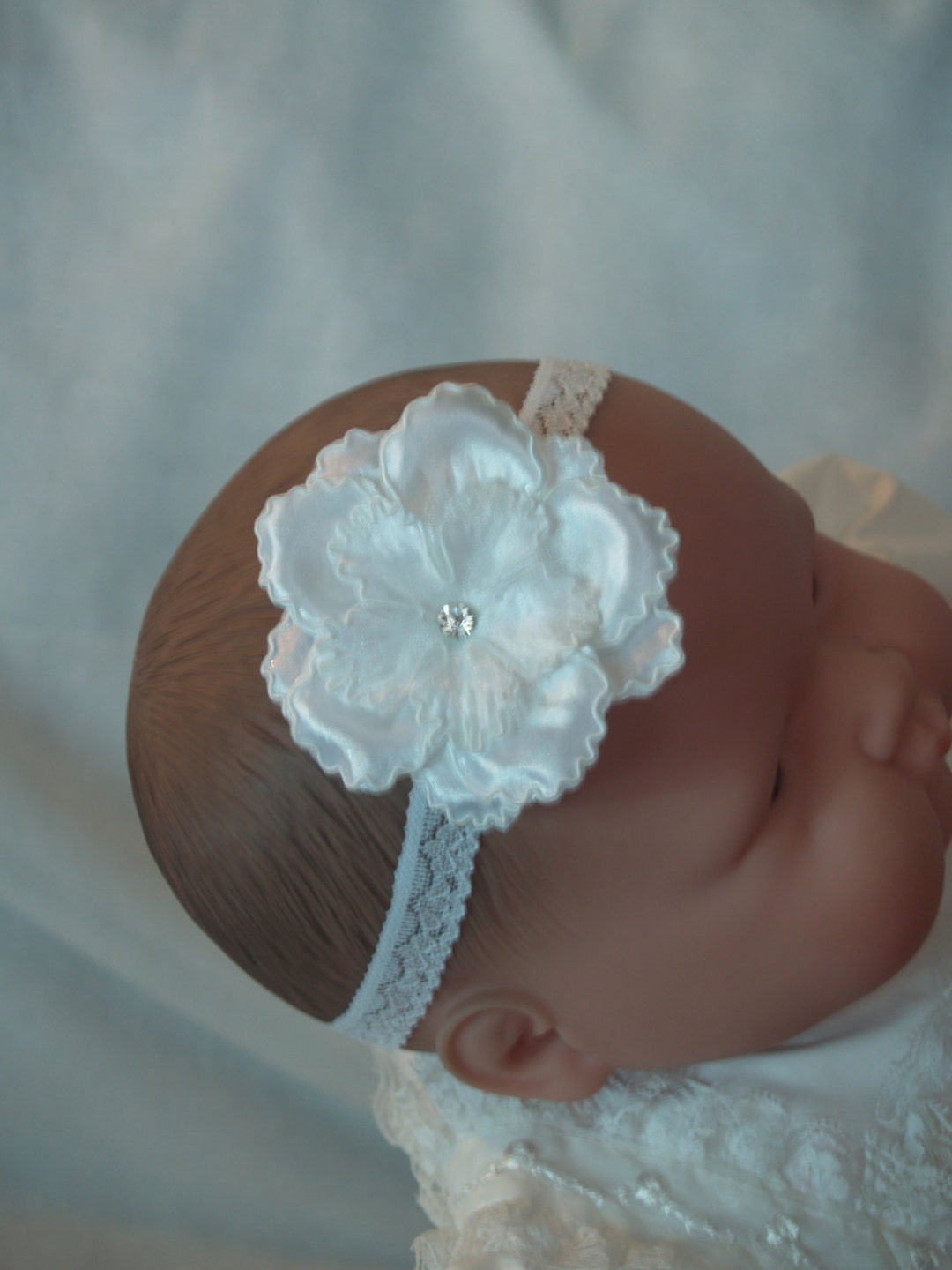 Baby Hair Flower White or Blue Lace Head Band, Stretch Lace Headband, Big White Flower, Baptism