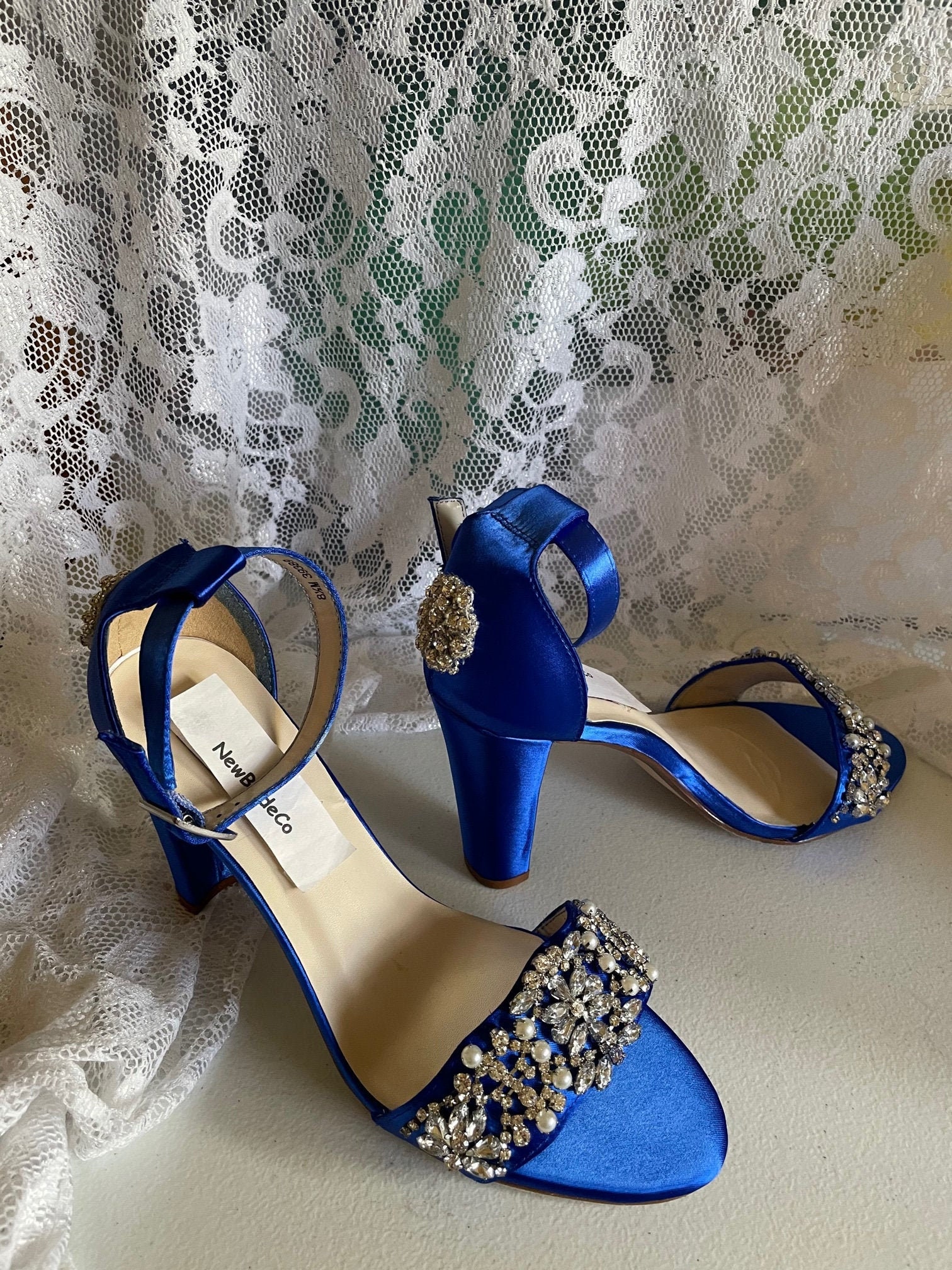 Royal Blue Shoes Bridal Thick Heels Trimmed With Lots of Crystals and ...