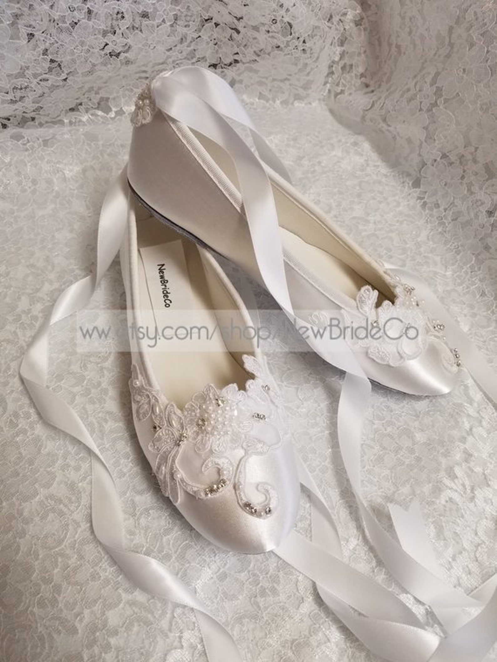 brides white wedding flats, satin ivory shoes, lace applique with pearls, lace up ribbon ballet style slipper, comfortable weddi