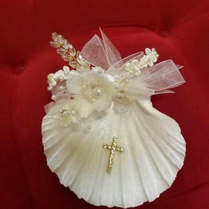 Handmade Baptism Shell: Pearl & Rhinestone Cross Ceremony Keepsake