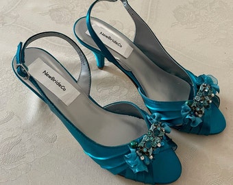 Teal Low heels sling back shoe with beautiful handmade embellishment, Brides Peacock color shoe low heels comfortable uniquely EMBELLISHED