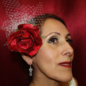 Brides Wedding Red Rose Head piece Fascinator, Valentine's Day HAIR RED ROSE, Christmas holiday hair piece red  rose, Hair Wine color rose