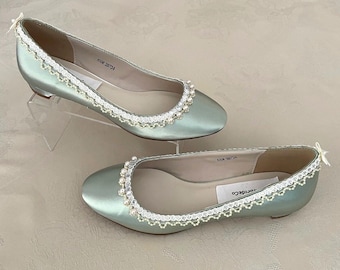 Sage Satin Shoes Sizes 6.5 & 10 Wedding Flats 1/2" Heel Height: Pearl Embellished Bridal Shoes Pearl Trim Low Heel Closed toes shoes Sage