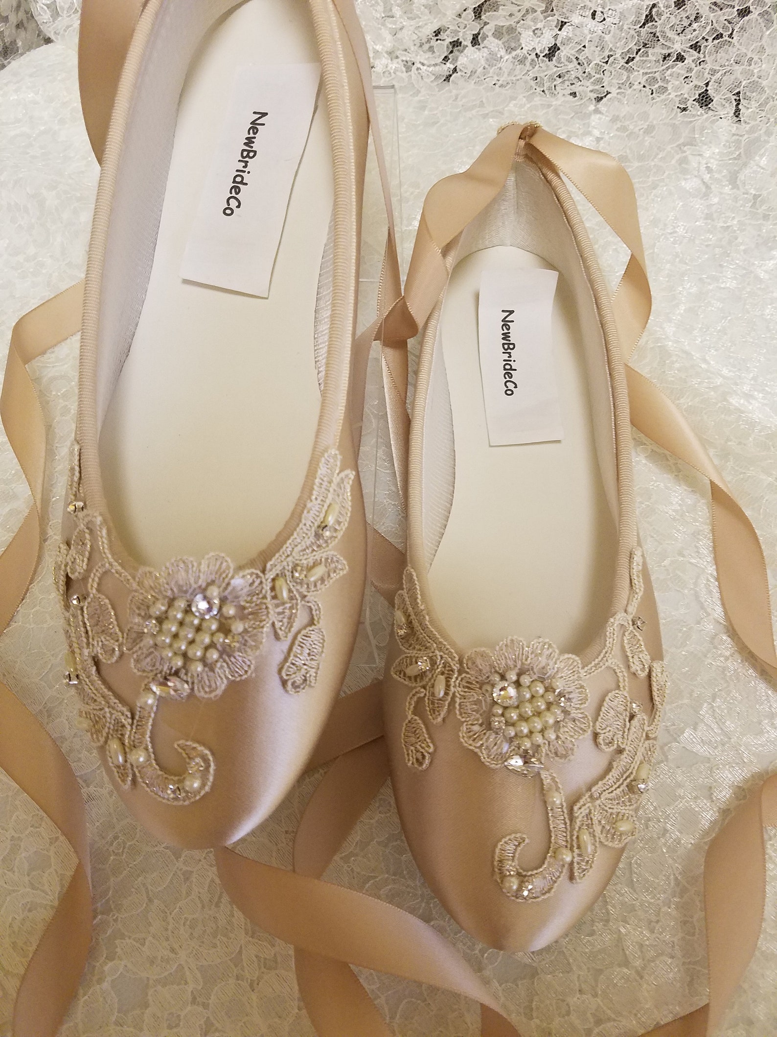 Gold Champagne Shoes Ballerina Style Satin Lace Appliqué ...