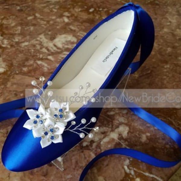 Wedding Royal Blue Flats Crystals pearls,Ballet Style Ivory slippers,Flat Shoes Custom colors available,Snowflake, Romantic, Lace Up Ribbon
