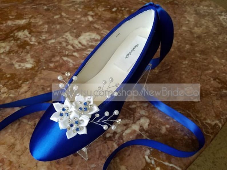 Wedding Royal Blue Flats Crystals pearls,Ballet Style Ivory slippers,Flat Shoes Custom colors available,Snowflake, Romantic, Lace Up Ribbon image 1