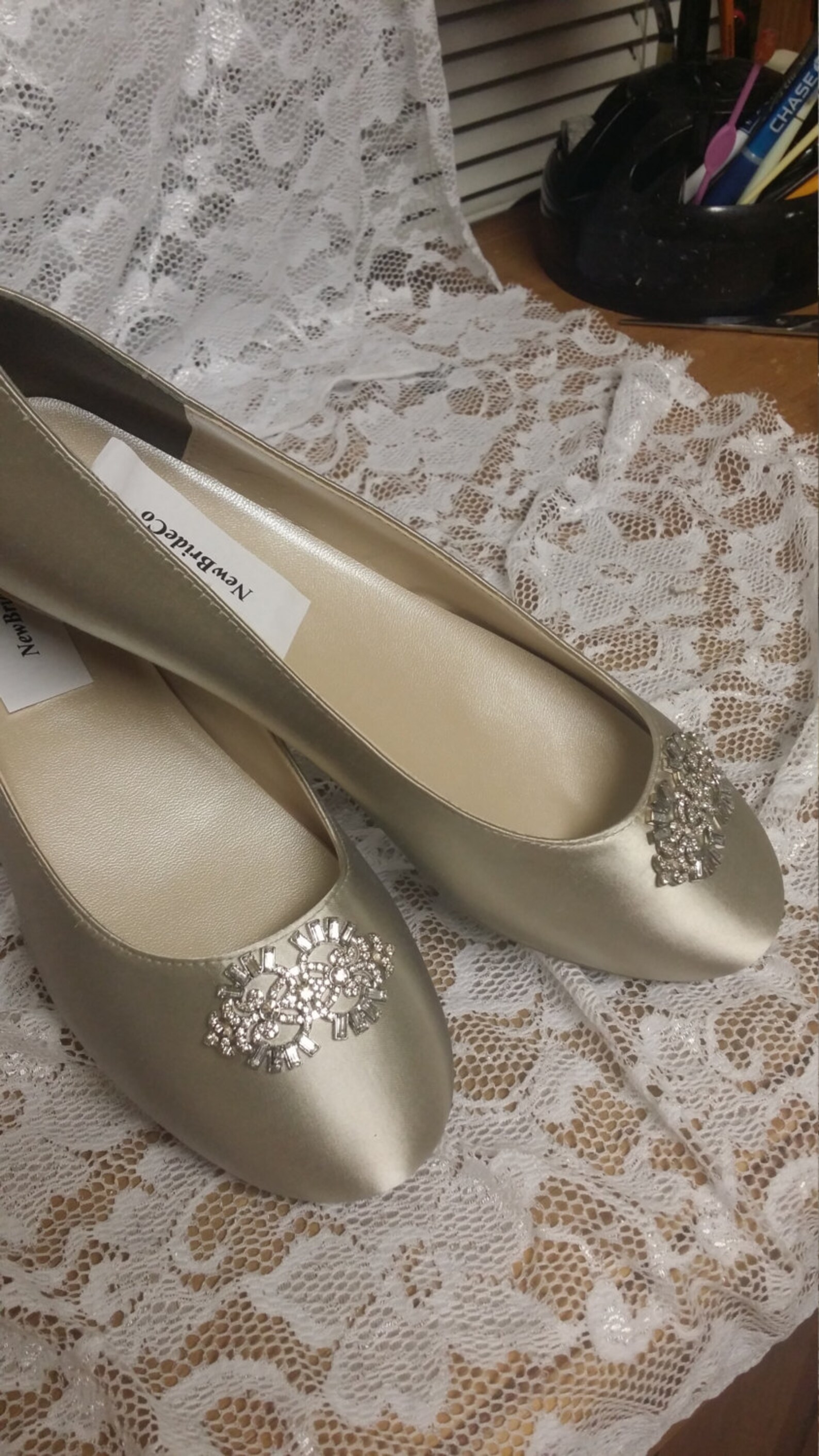 size 7 ready to ship flat shoes nude color with brooch - neutral nude color satin flats,non slip satin ballet style slipper flat