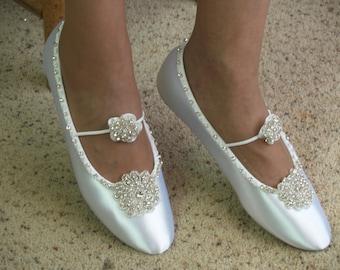 Wedding Shoes Ballet Style Swarovski Silver Crystals flowers,Bling White Satin Flats slippers,Mary Jane bling flats,satin flats with bling,