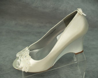 Wedge Wedding Shoes Ivory or Apple green with lace Flower front, Ivory Satin Peep Toe Pumps, Satin Wedges, Alencon  Lace, Romantic Chic