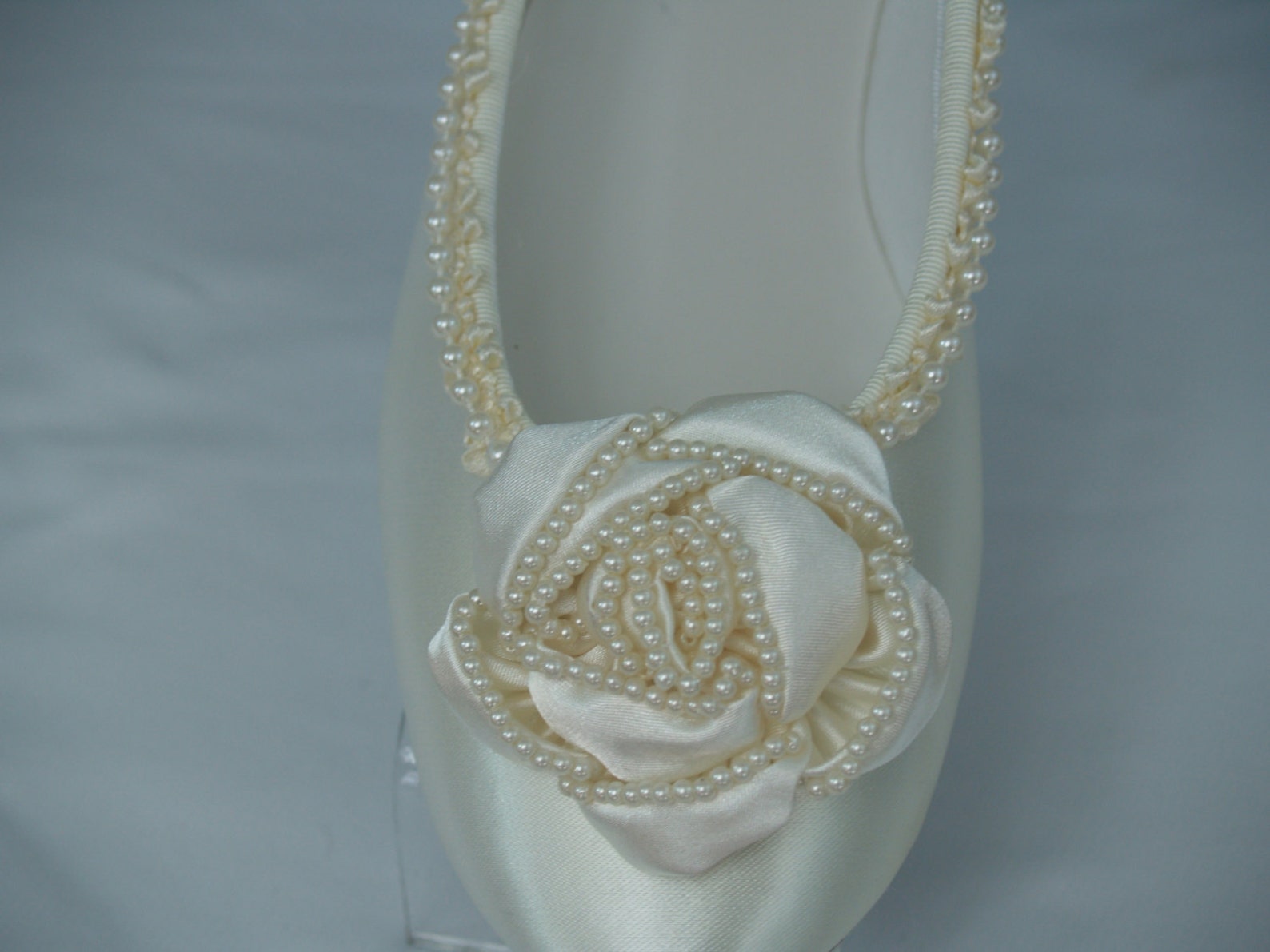 wedding ivory flats fancy pearls satin rossette, ballet style slipper, comfortable ivory shoes, fabric rose, pearl trimmed, sati