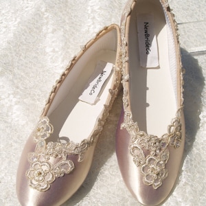 Champagne Wedding Flats Bridal Shoe elegantly gold trimmed,Champagne Bridal Flat Shoes,Wedding satin ballet style slipper M & W width