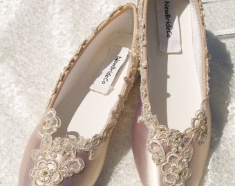 Champagne Wedding Flats Bridal Shoe elegantly gold trimmed,Champagne Bridal Flat Shoes,Wedding satin ballet style slipper M & W width