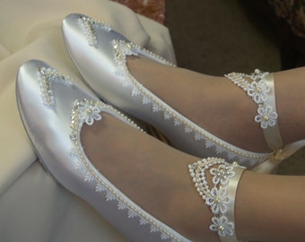 Bridal Victorian Flats White Shoes Fine US Lace pearls and crystals embellished - Wedding flat shoes Victorian, Lace Up Ankle Ribbon Ballet