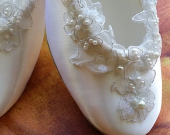 Satin Wedding Flats White Silver edging appliqué, Brides white satin ballet style slippers, lace flowers all along edge. Romantic, feminine