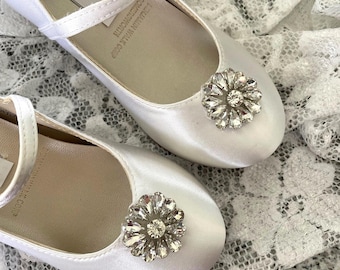 Girls White Communion Shoes: Crystals & Pearls Flower Girl Shoes