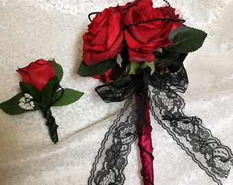 Wedding Red/Black Bouquet with a Grooms Boutonniere Set,Wedding Bouquet true Red and Black,Bridesmaids bouquets sets made to order,