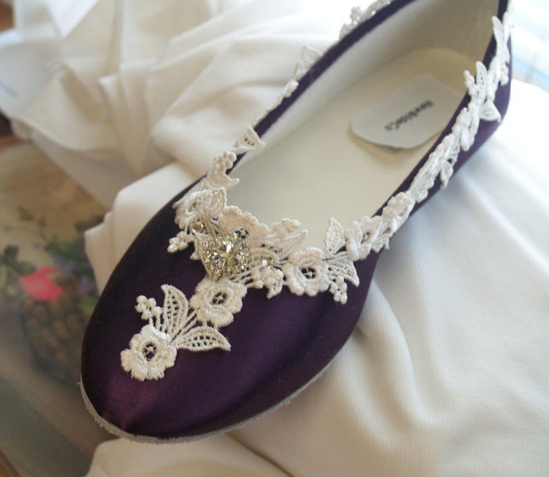 Victorian Flats Eggplant Ivory Shoes Fine US Lace Pearls and Etsy