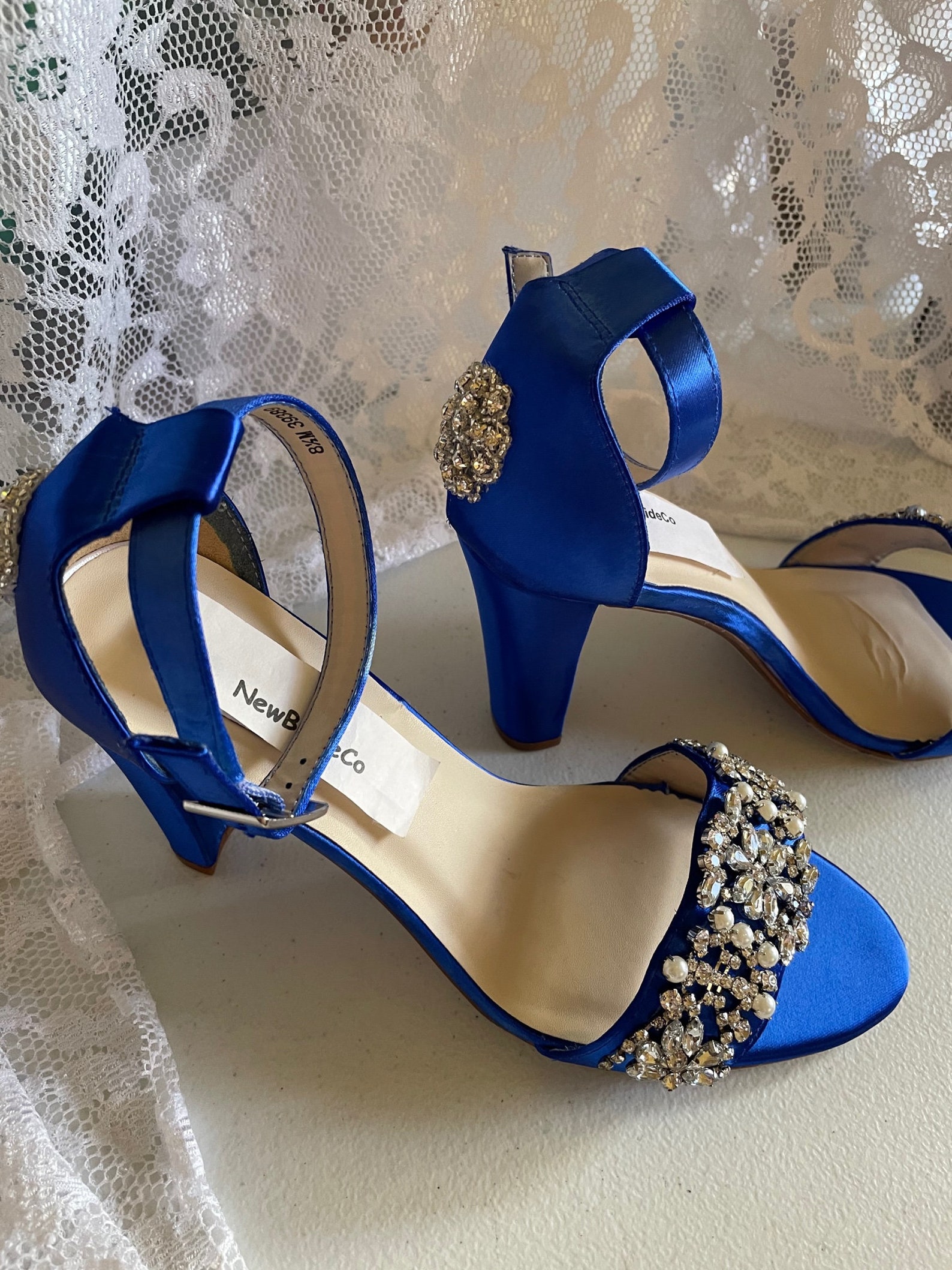 Royal Blue Shoes Bridal Thick Heels Trimmed With Lots of Crystals and Royal Blue Shoes Bridal Thick Heels Trimmed With Lots of Crystals and