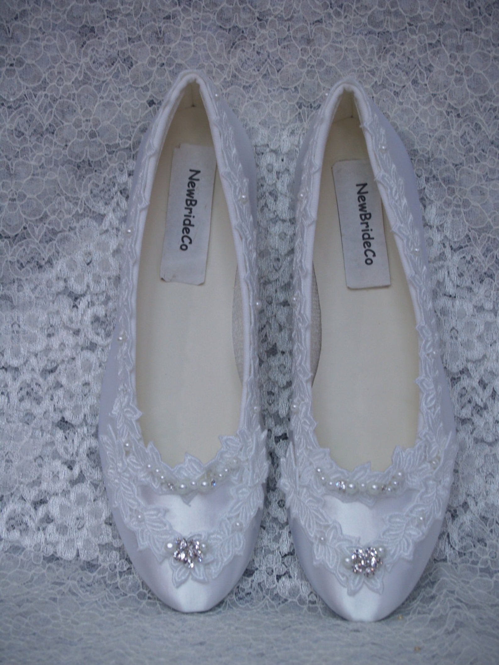 wedding flat shoes adorned with usa lace pearls and crystals, ballet style flats, leather sole, satin flats, white lace, bling b