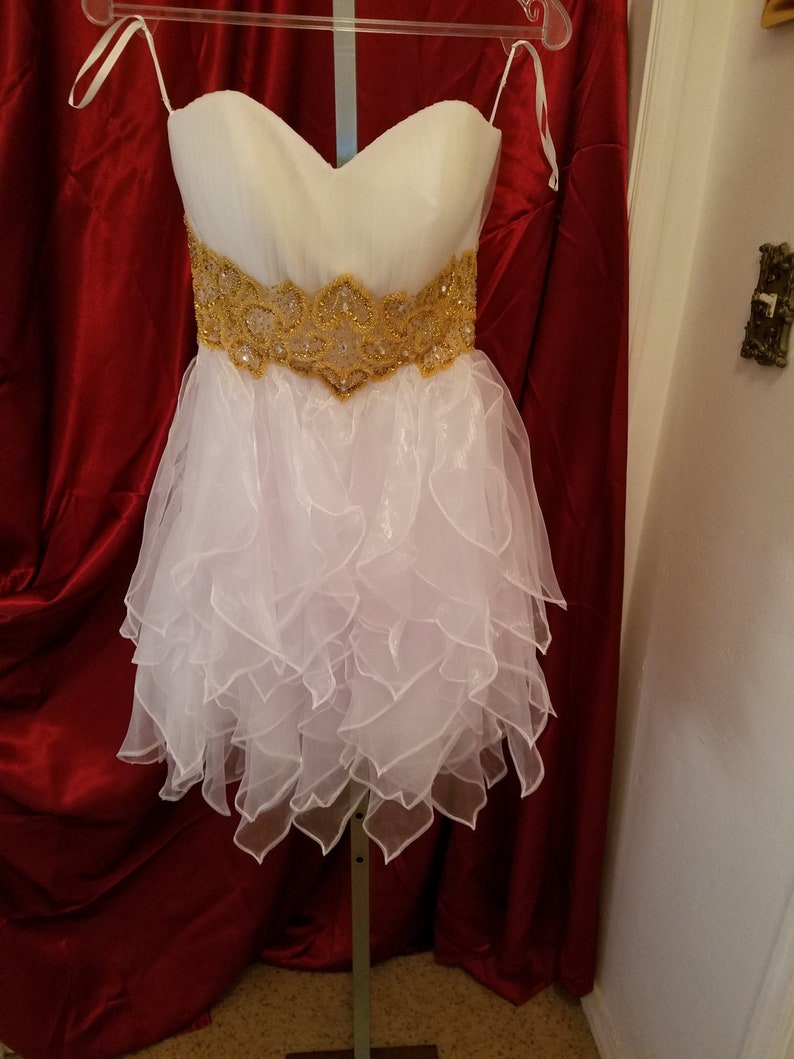 White short strapless dress gold beaded empire waist sizes XS and L,sweetheart cut short white dress,destination wedding short white dress, image 3