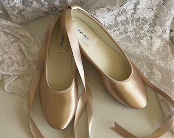 CHAMPAGNE Ballerina Flats ankle strap Sheer or Satin,Dyed Satin Flats straps ballerina style,Minimalist satin slipper lace up ribbon straps