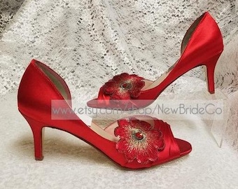 Red Satin Shoes SIZE 9 or 10 READY Mid Heels, Red heel shoes 2 1/2" Red open toe heels, Red Classic Heels,crimson satin,Red Wedding,Holiday